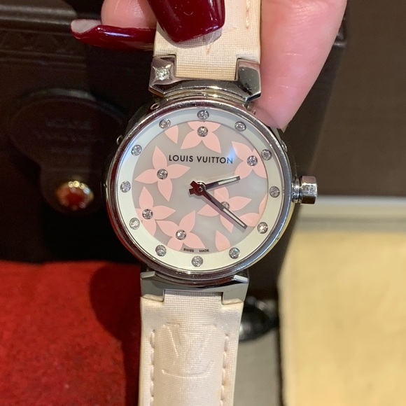 Authentic LOUIS VUITTON Tambour Pink with Diamonds Quartz Leather Ladies Watch - Picture 6 of 8